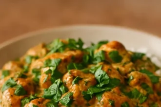 A plate of spiced coconut basil chicken served with rice and garnished with herbs.
