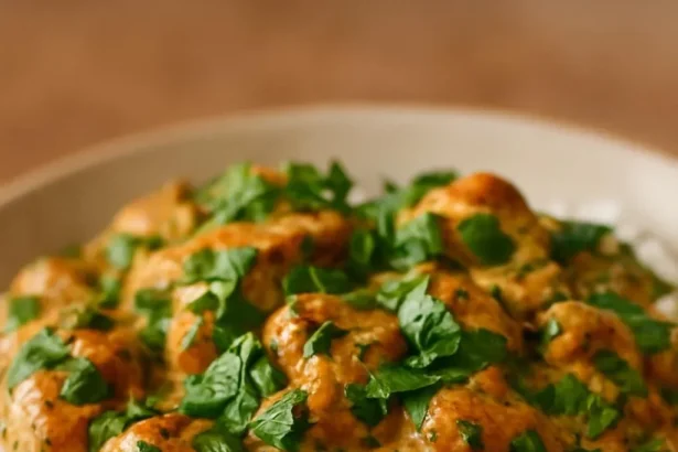 A plate of spiced coconut basil chicken served with rice and garnished with herbs.