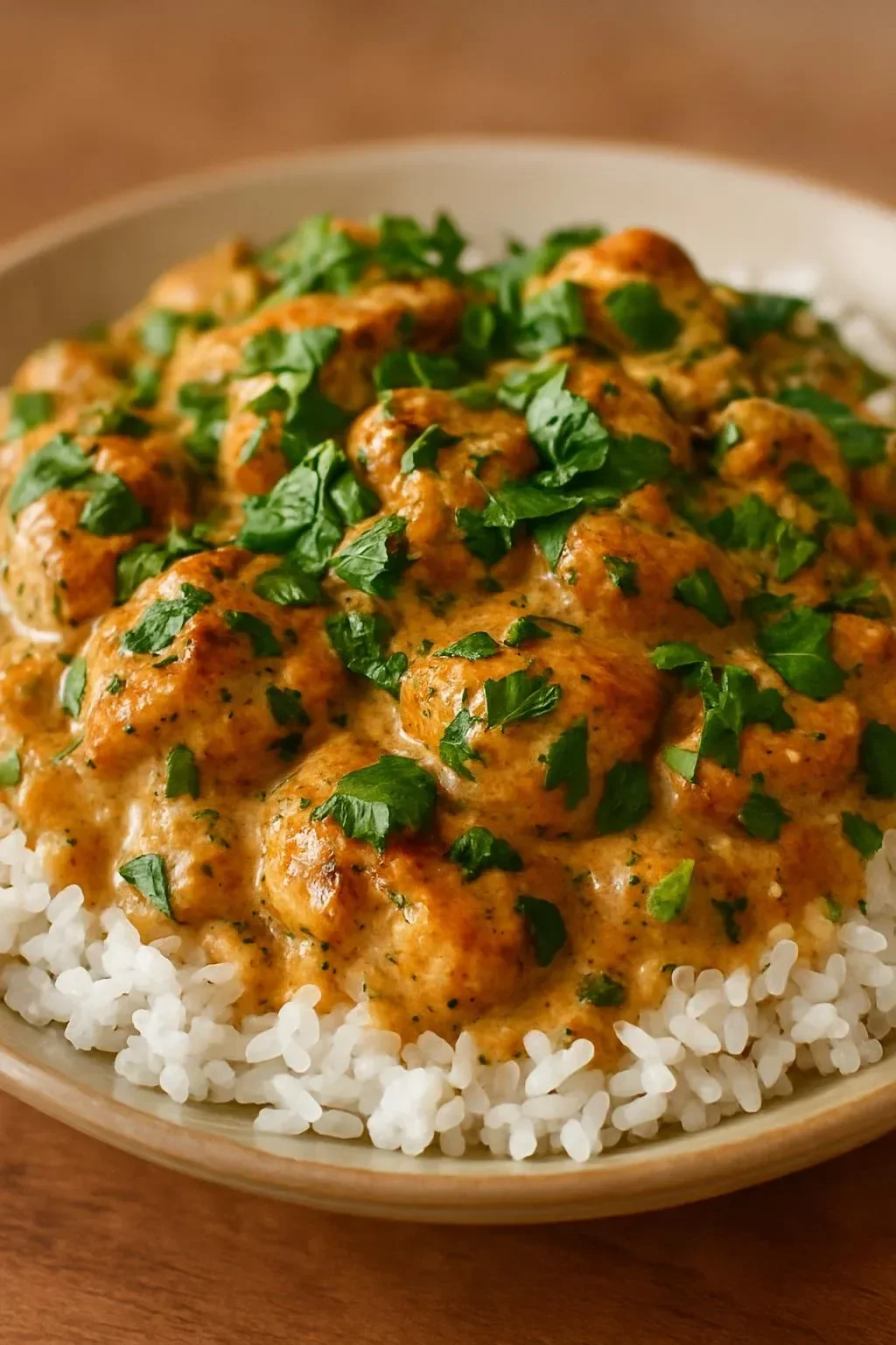 A plate of spiced coconut basil chicken served with rice and garnished with herbs.