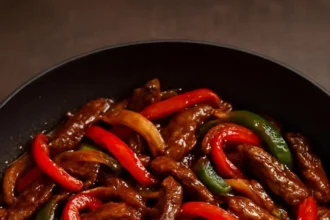 Spicy beef stir-fry with mushrooms and red peppers served in a bowl
