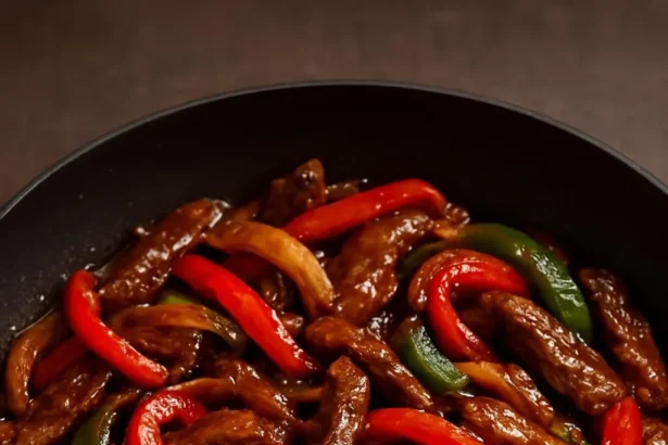 Spicy beef stir-fry with mushrooms and red peppers served in a bowl