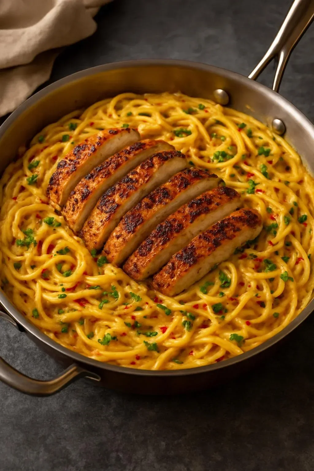 Spicy Cajun Honey Butter Chicken served with pasta in a delicious sauce