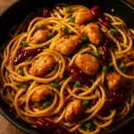 Bowl of Spicy Kung Pao Chicken Noodles with colorful vegetables and peanuts