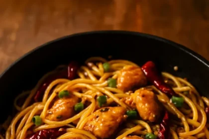 Bowl of Spicy Kung Pao Chicken Noodles with colorful vegetables and peanuts