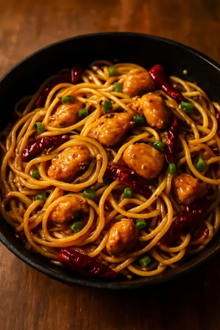 Bowl of Spicy Kung Pao Chicken Noodles with colorful vegetables and peanuts