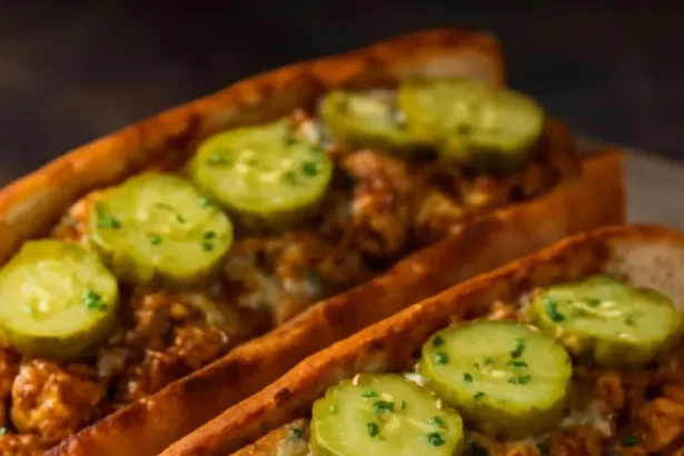 Spicy Nashville-Style Chicken Hoagies with toppings on a bun