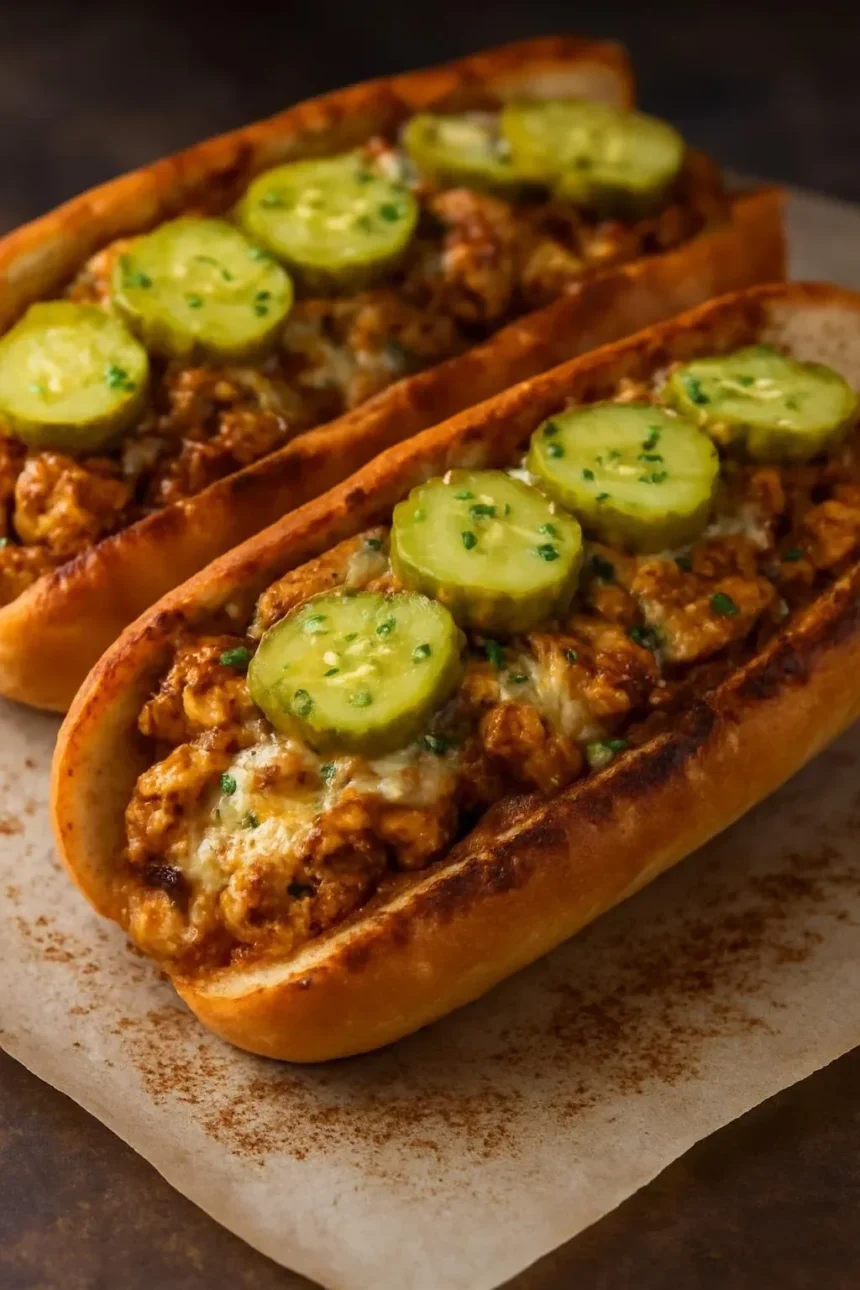 Spicy Nashville-Style Chicken Hoagies with toppings on a bun
