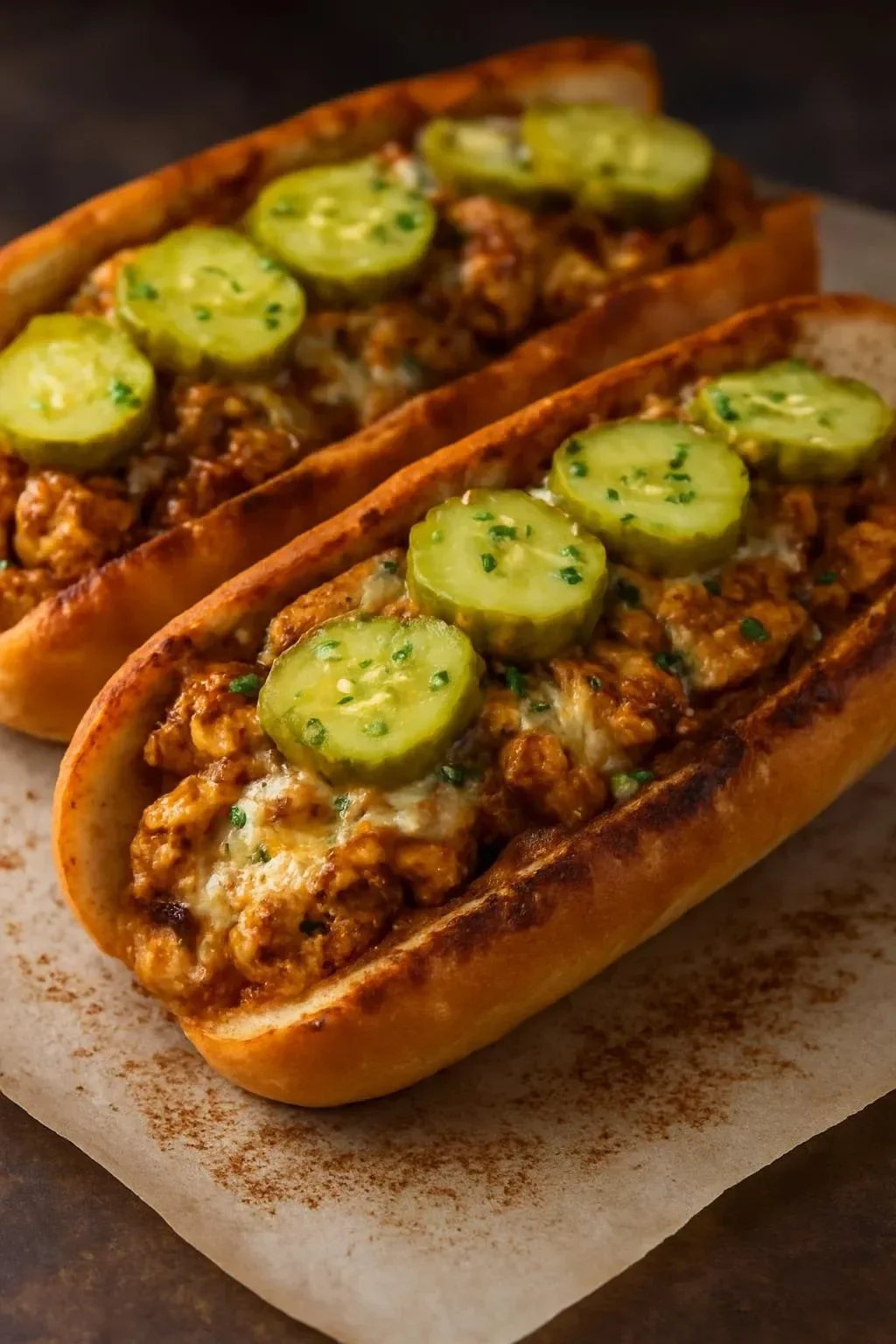 Spicy Nashville-Style Chicken Hoagies with toppings on a bun