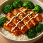 Delicious sticky chicken rice bowls with vibrant vegetables and sauce