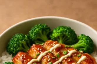 Delicious sticky chicken rice bowls with vibrant vegetables and sauce