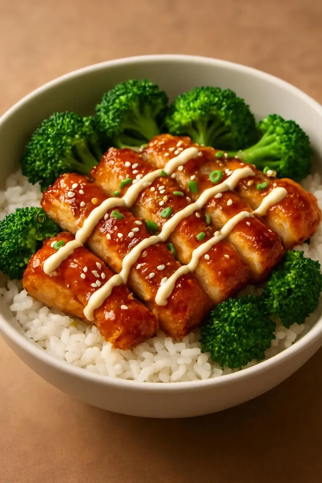 Delicious sticky chicken rice bowls with vibrant vegetables and sauce