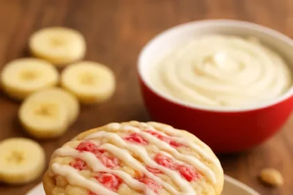 Delicious Strawberry Banana Pudding Cookies served with a creamy cheesecake dip.