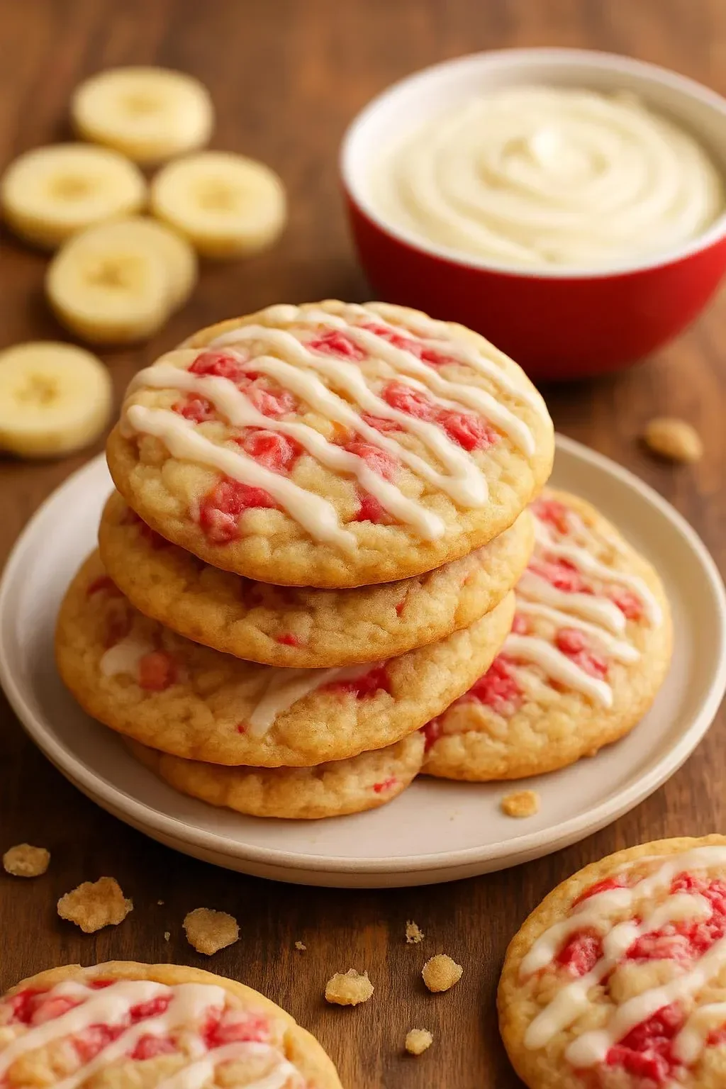 Delicious Strawberry Banana Pudding Cookies served with a creamy cheesecake dip.
