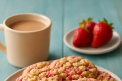 Freshly baked strawberry crunch cookies with a crunchy topping