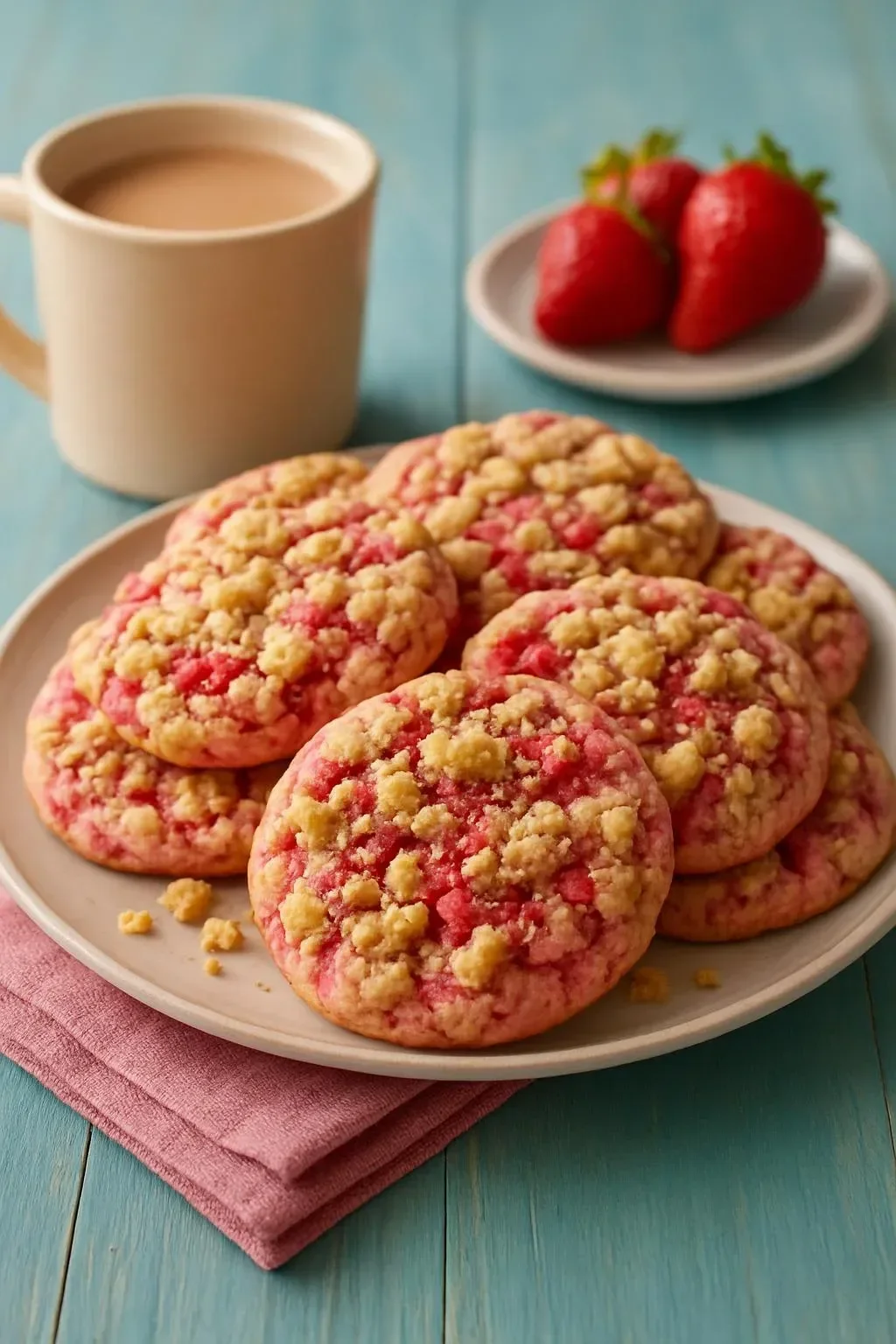 Freshly baked strawberry crunch cookies with a crunchy topping