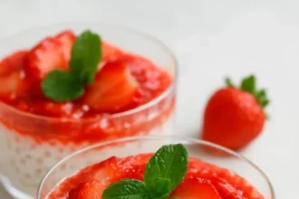 Delicious Strawberry Sago dessert with fresh strawberries and sago pearls