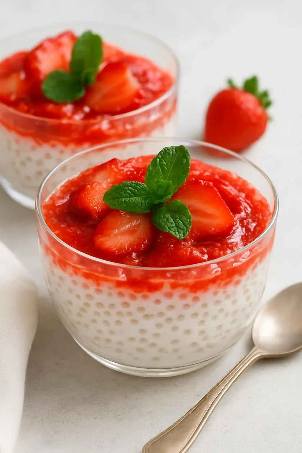 Delicious Strawberry Sago dessert with fresh strawberries and sago pearls