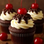 Delicious Summer Black Forest Cupcakes topped with cherries and whipped cream