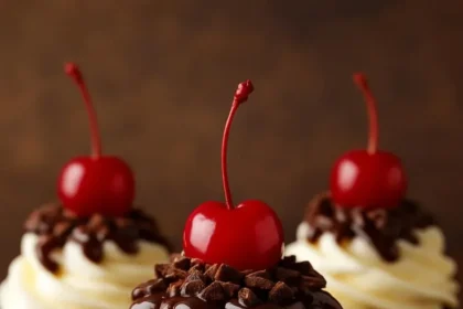 Delicious Summer Black Forest Cupcakes topped with cherries and whipped cream