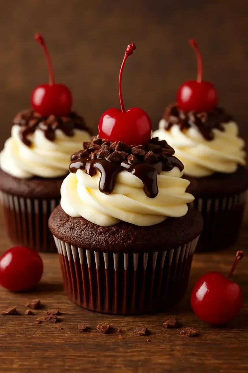 Delicious Summer Black Forest Cupcakes topped with cherries and whipped cream