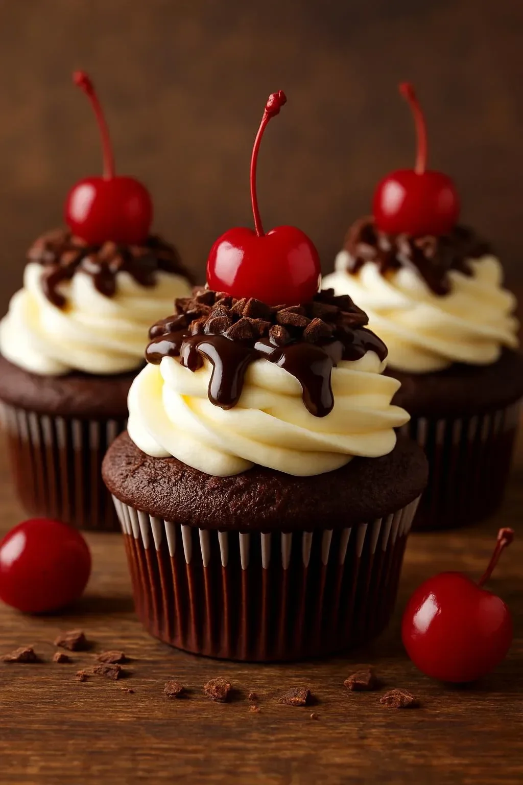 Delicious Summer Black Forest Cupcakes topped with cherries and whipped cream