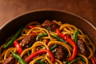 Delicious sweet and spicy garlic noodle stir-fry with vibrant vegetables.