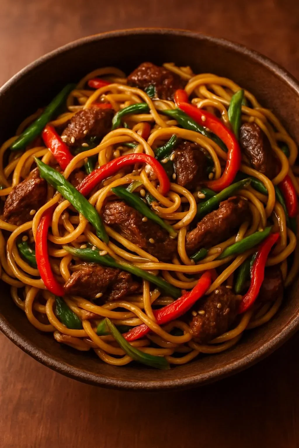 Delicious sweet and spicy garlic noodle stir-fry with vibrant vegetables.