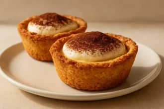 Delicious tiramisu cookie cups topped with cocoa and coffee cream.
