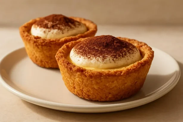 Delicious tiramisu cookie cups topped with cocoa and coffee cream.