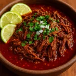 A bowl of traditional Mexican Birria stew with tender meat and spices.