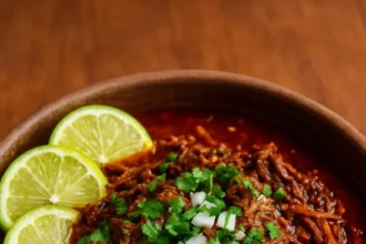 A bowl of traditional Mexican Birria stew with tender meat and spices.