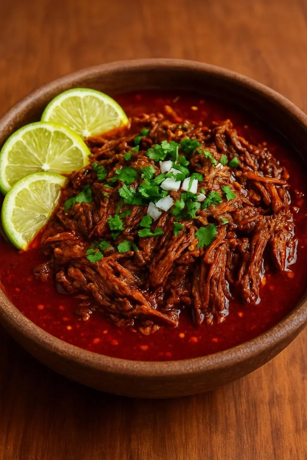 A bowl of traditional Mexican Birria stew with tender meat and spices.
