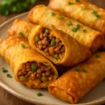 Delicious ultimate cheeseburger egg rolls served on a plate with dipping sauce