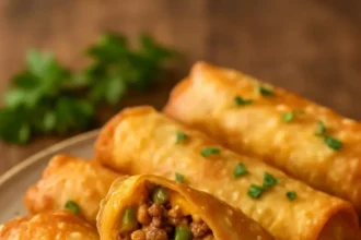 Delicious ultimate cheeseburger egg rolls served on a plate with dipping sauce