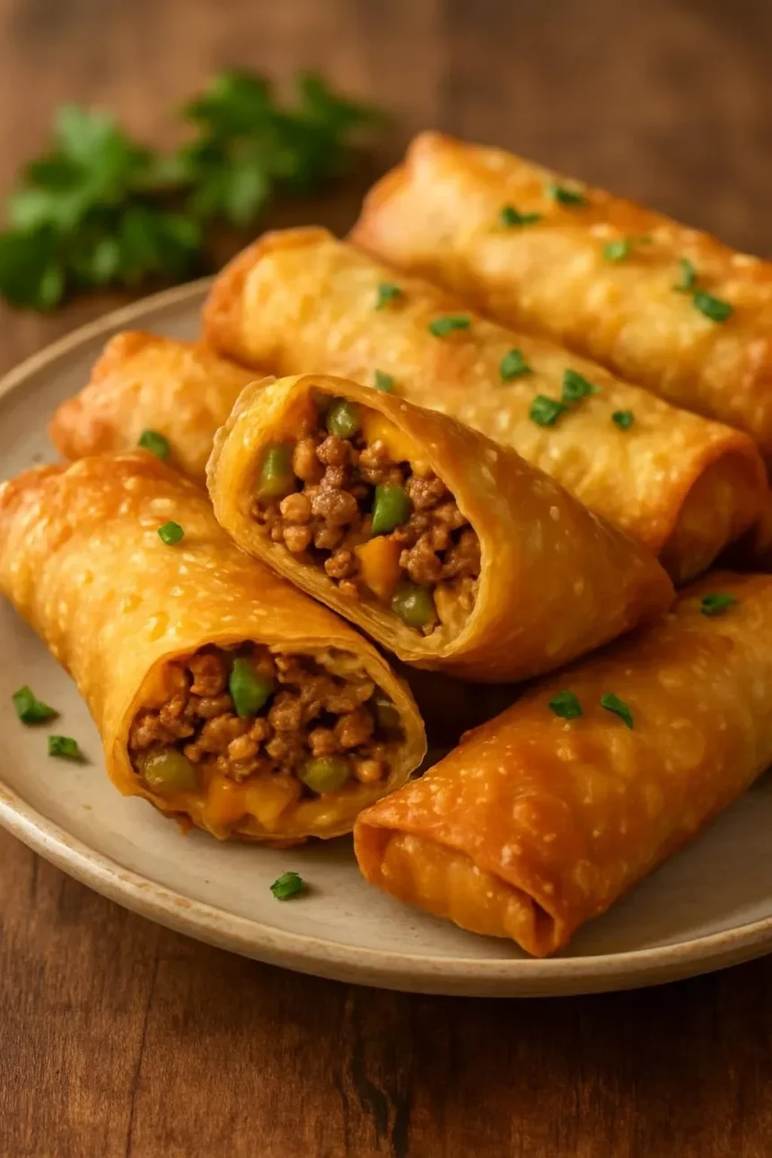 Delicious ultimate cheeseburger egg rolls served on a plate with dipping sauce