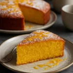 Delicious slice of ultimate orange polenta cake topped with orange zest