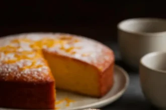 Delicious slice of ultimate orange polenta cake topped with orange zest