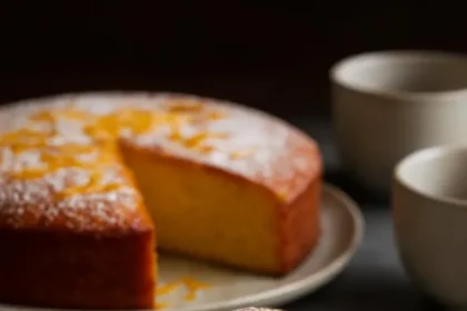 Delicious slice of ultimate orange polenta cake topped with orange zest