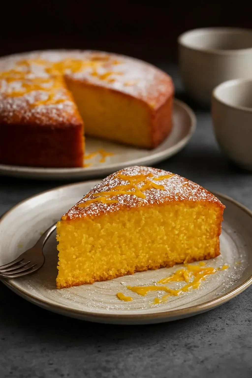 Delicious slice of ultimate orange polenta cake topped with orange zest