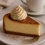 Slice of Vanilla Bean Brown Butter Cheesecake topped with caramel sauce