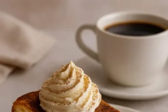 Slice of Vanilla Bean Brown Butter Cheesecake topped with caramel sauce