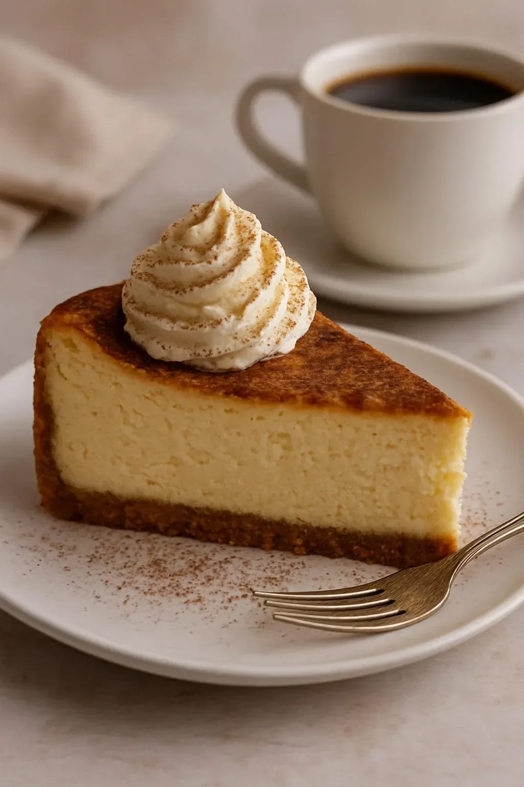 Slice of Vanilla Bean Brown Butter Cheesecake topped with caramel sauce