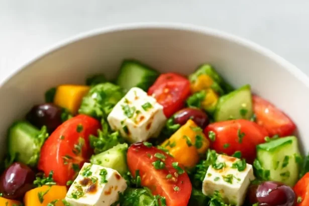 Delicious Vegan Greek Salad with fresh vegetables and olives