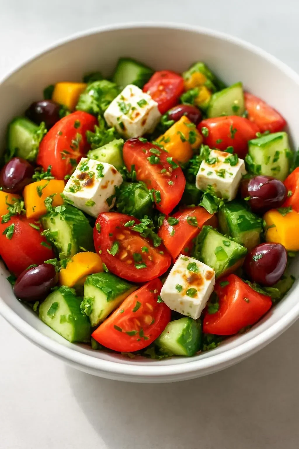 Delicious Vegan Greek Salad with fresh vegetables and olives