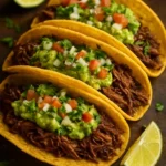 Viral crispy shredded beef tacos garnished with fresh cilantro and lime