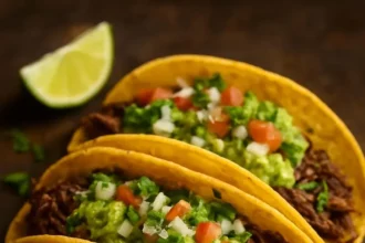 Viral crispy shredded beef tacos garnished with fresh cilantro and lime