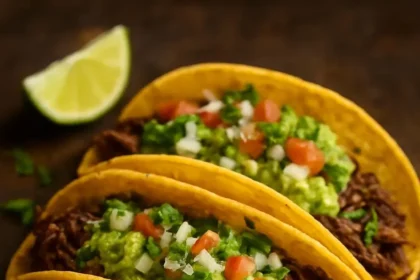 Viral crispy shredded beef tacos garnished with fresh cilantro and lime