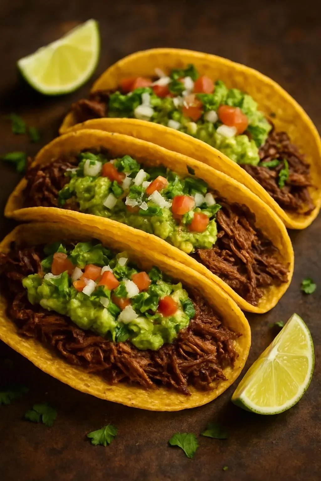 Viral crispy shredded beef tacos garnished with fresh cilantro and lime