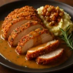 Walnut-Herb Crusted Chicken served with Apple Cider Pan Sauce