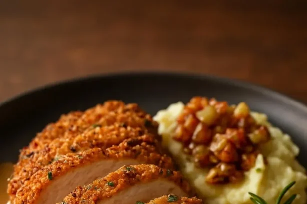 Walnut-Herb Crusted Chicken served with Apple Cider Pan Sauce